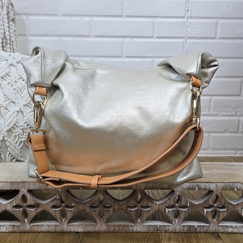 Milagros Silver Shimmer and Tan Large Hobo Bag Softshell
